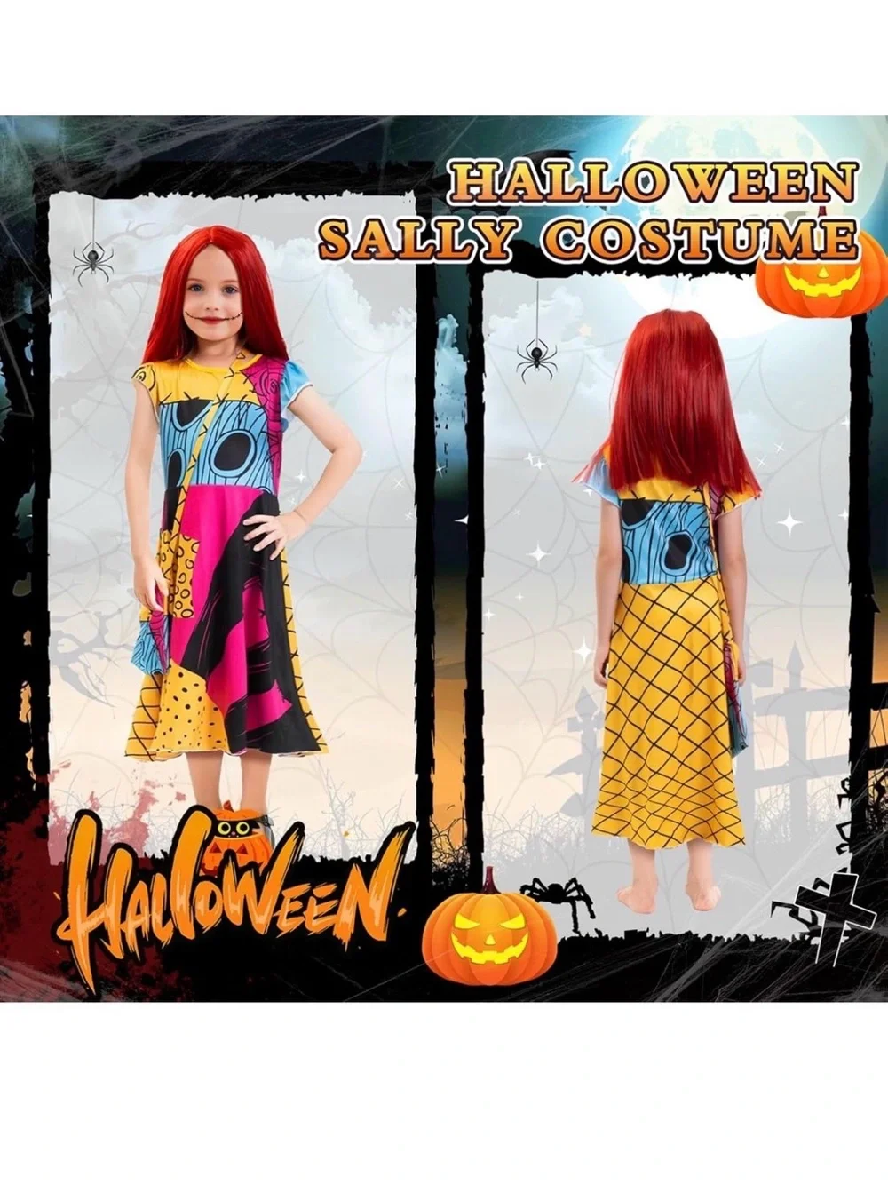 Girls Sally Costume From Nightmare Before Christmas, Includes Red Wig Size Small
